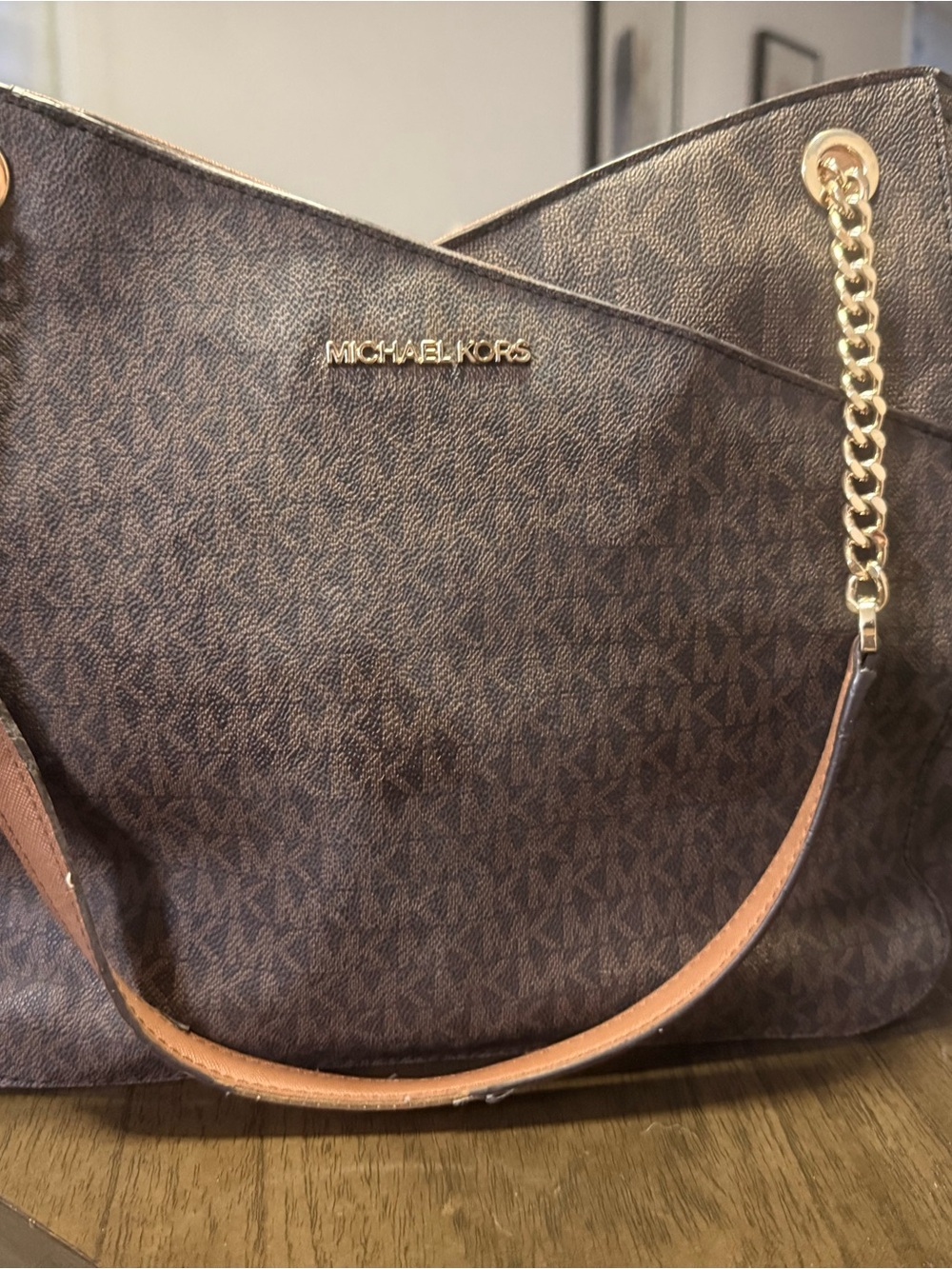 Michael Kors Brown Logo Tote with Gold Chain Accents